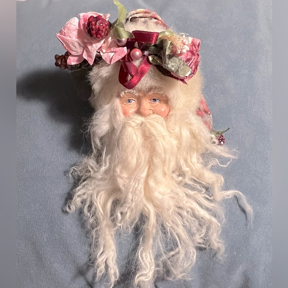 COPY - Vintage Santa Flower Fabric Hat Faux FurTrim. Floral, Berry & Ribbon Acc…